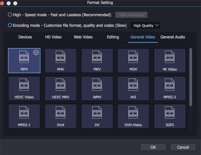 select output format under encoding mode