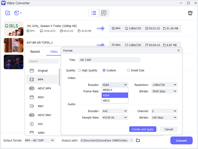 choose h.264 output