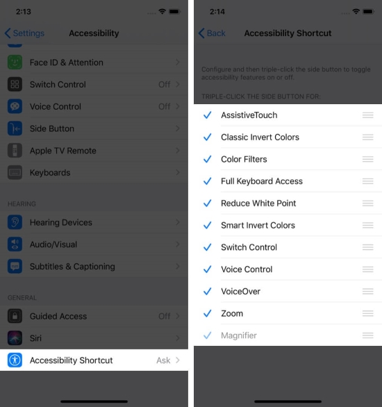 triple-click side button on accessibility shortcut
