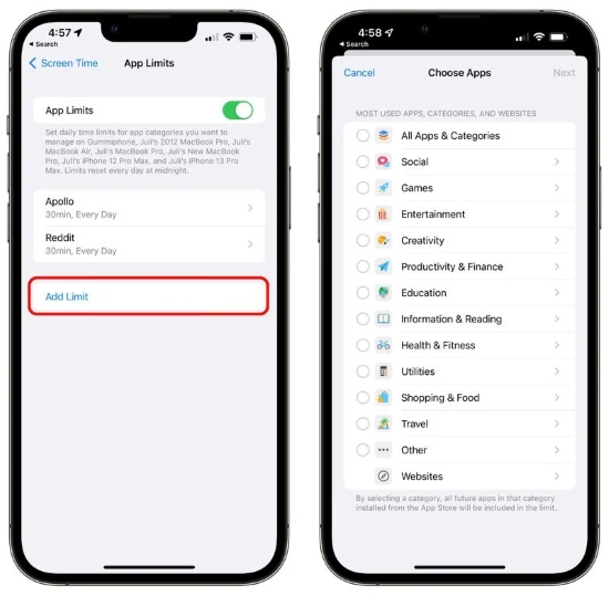 add app limit on screen time