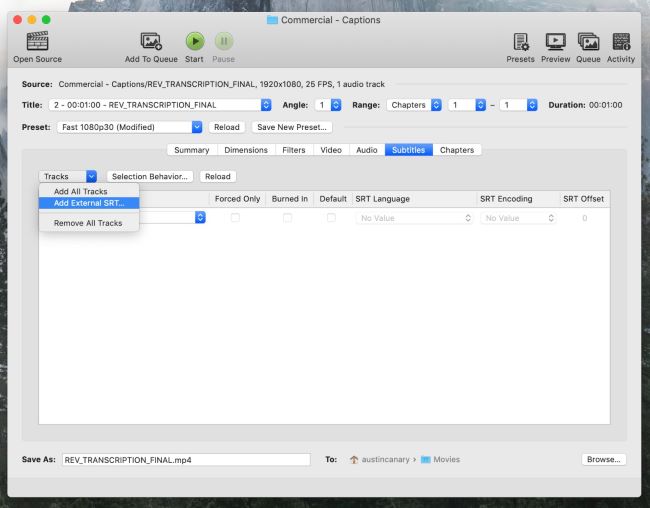 add subtitles to mp4 by handbrake