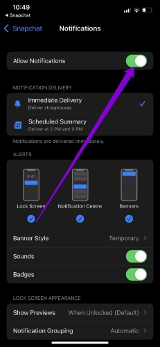 allow snapchat noticication iphone