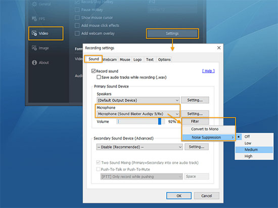 bandicam settings sound microphone