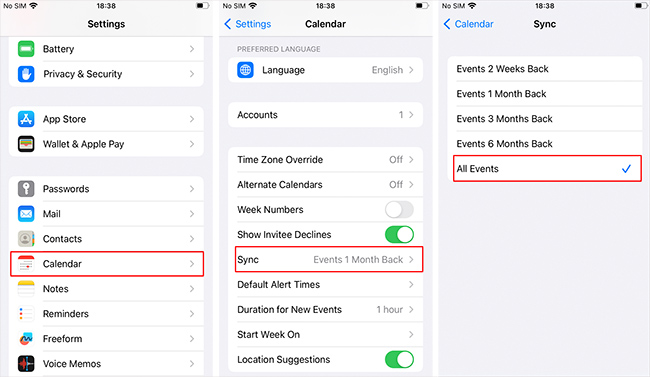 calendar sync-all events iphone