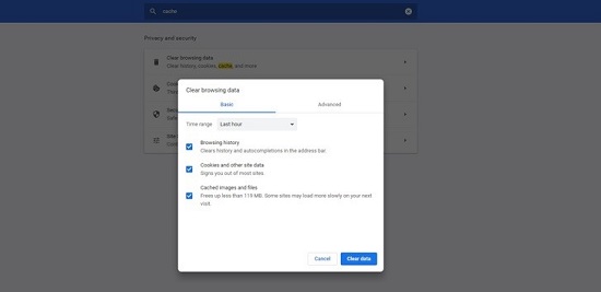 clear browser cache and cookies