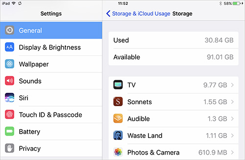 check ipad storage