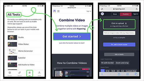 combine videos on iphone with online kapwing