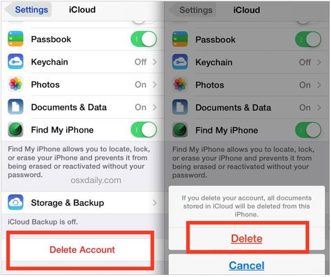 delete icloud account to turn off find my iphone