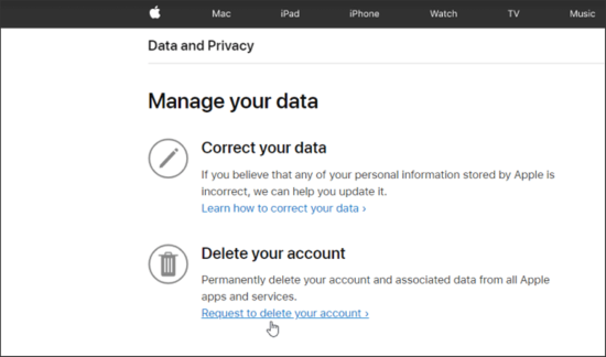 delete icloud account on apple's data and privacy page