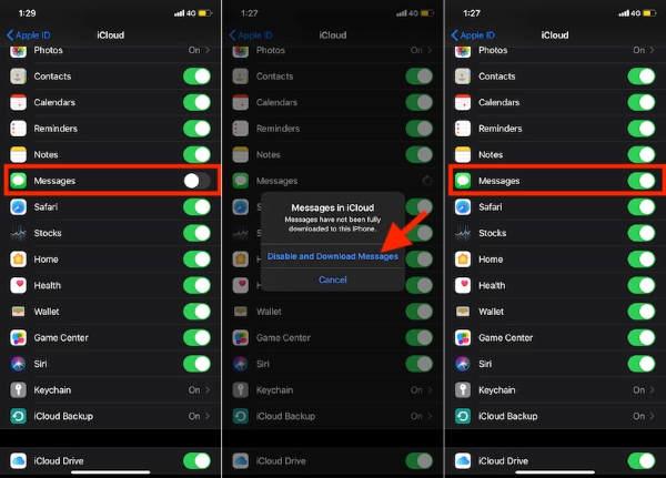 disable icloud in messages and enable again