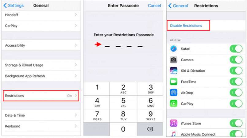 disable restrictions in ios 11