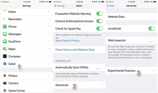 disable safari experimental features