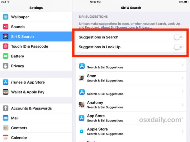 disable siri suggestions on ios 12