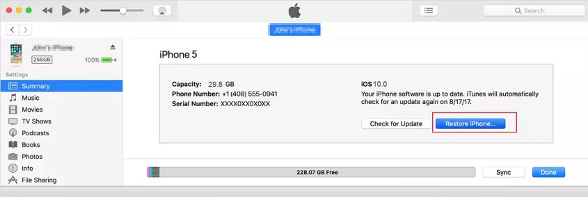 factory reset iphone 5s itunes