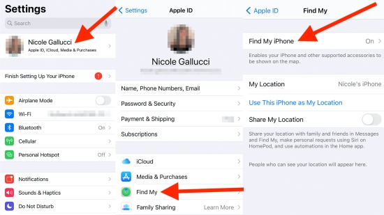 turn off find my iphone on settings