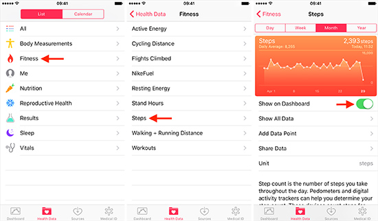 show steps on the dashboard