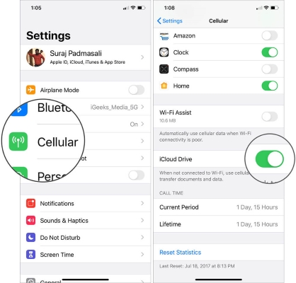 enable cellular data icloud drive on iphone