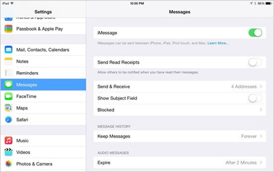 ipad settings imessage