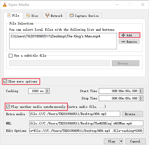 merge audio and video in vlc