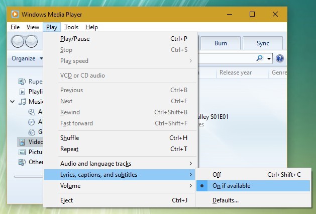 windows media player add subtitle to a movie