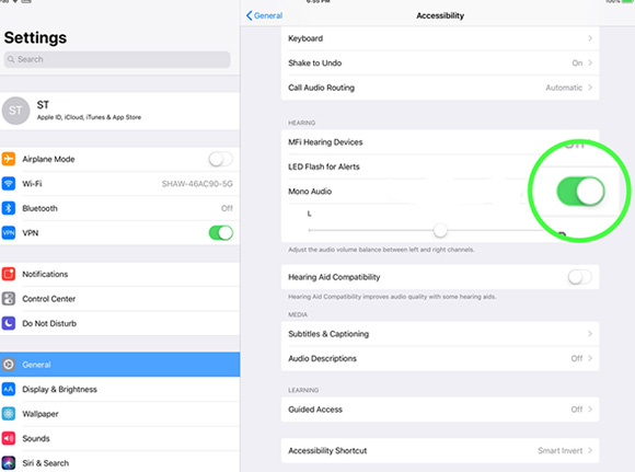 mono audio on ipad