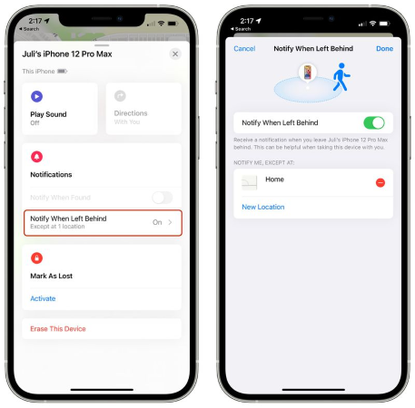 enable notify when left behind