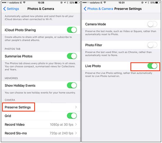 preserve settings live photos