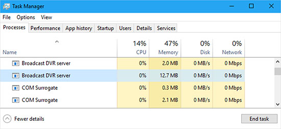 end broadcast dvr server in task manager