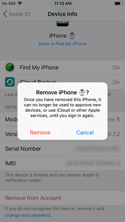 remove apple id on settings