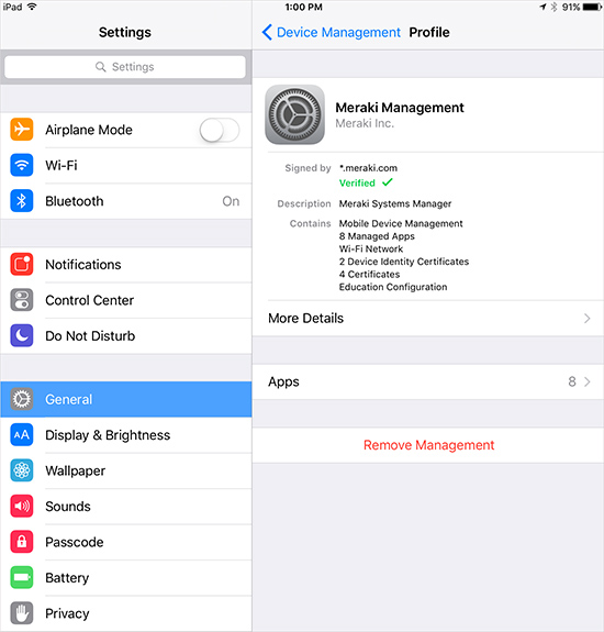 remove meraki management from ipad settings