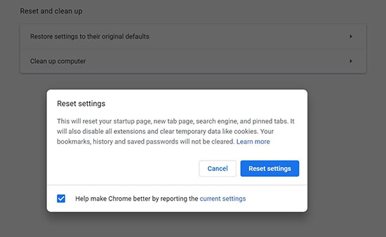 reset google chrome settings