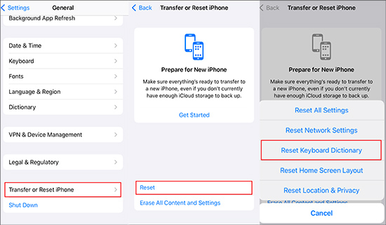 reset keyboard dictionary