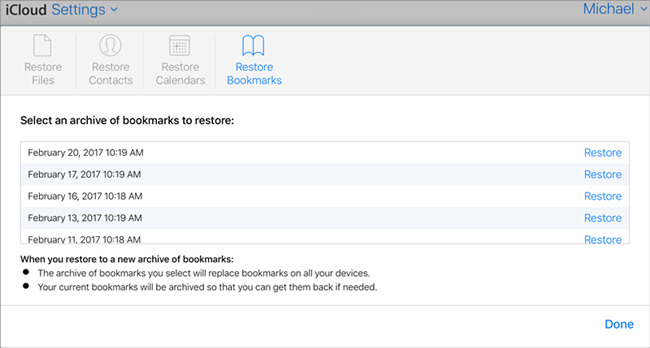 restore safari bookmarks on iphone from icloud