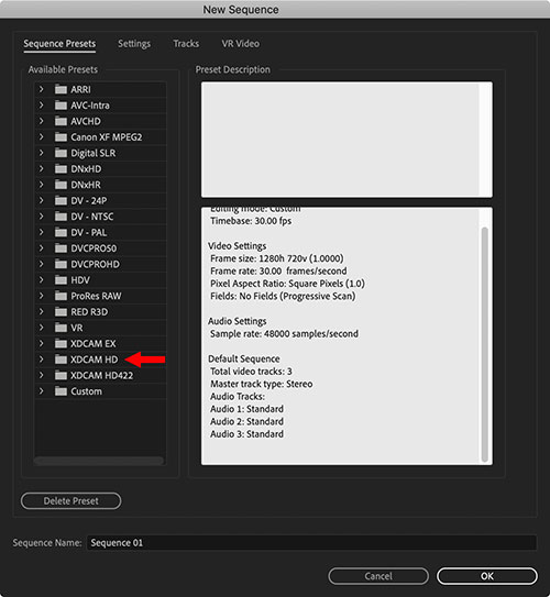 sequence presets adobe premiere