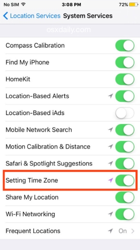 set time zome with location iphone