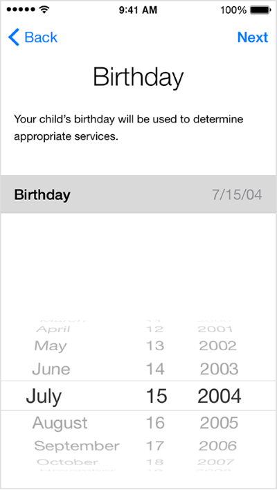 set up the date of birth to under 13