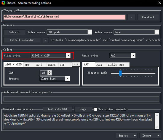sharex video codec