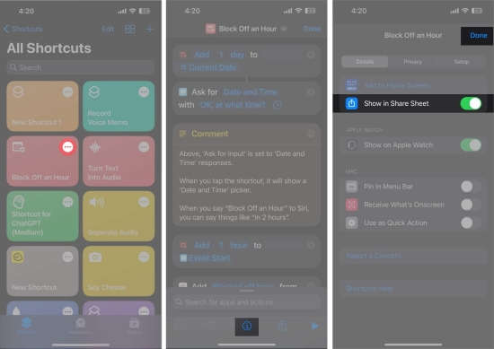 check share sheet on shortcuts