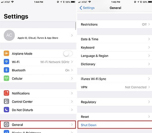 shut down ipad from settings
