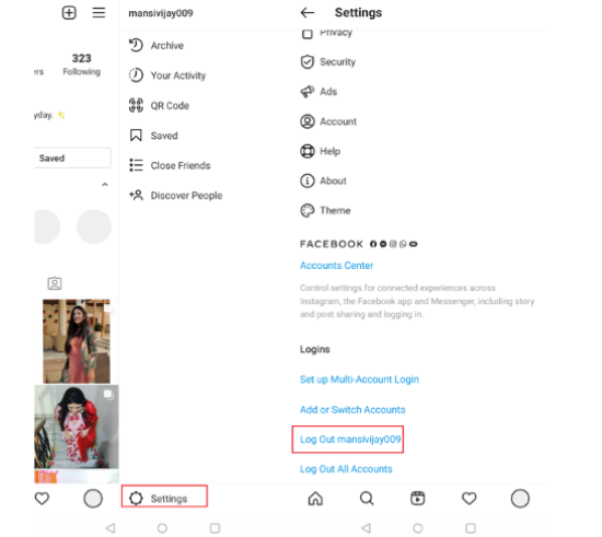 sign in and out of instagram