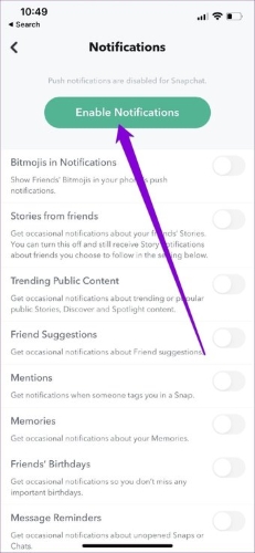 snapchat in app notification settings