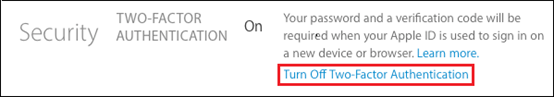 turn off two factor authentication on apple page