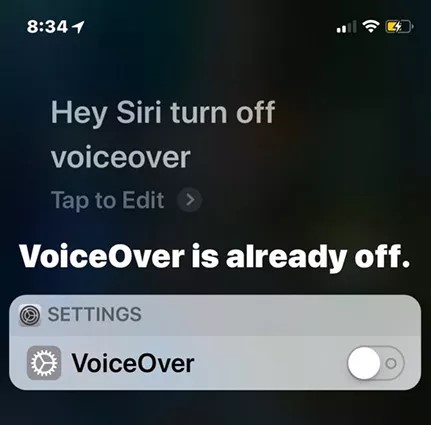 use siri to disable voiceover
