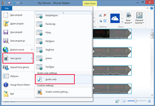 windows movie maker save audio from video